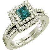 0.85 Carat (ctw) 14k White Gold Round & Princess Cut White & Blue Diamond Ladies Bridal Halo Engagement Ring Set
