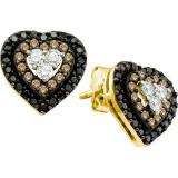 0.50 Carat (ctw) 14k Yellow Gold Round White Brown & Black Diamond Ladies Heart Shape Fashion Earrings