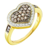 0.51 Carat (ctw) 10k Yellow Gold Round Brown & White Diamond Ladies Cocktail Heart Promise Ring