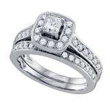 1.50 Carat (ctw) 14k White Gold Round & Princess Cut White Diamond Ladies Vintage Style Halo Bridal Engagement Ring Set