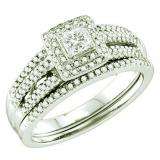 0.52 Carat (ctw) 14k White Gold Round & Princess Cut White Diamond Ladies Halo Style Bridal Engagement Ring Set