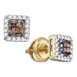 0.30 Carat (ctw) 14k Yellow Gold Brown & White Diamond Ladies Invisible Set Stud Earrings