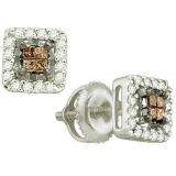 0.30 Carat (ctw) 14k White Gold Brown & White Diamond Ladies Invisible Set Stud Earrings