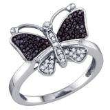 0.23 Carat (ctw) 10K White Gold Round Black & White Diamond Cocktail Right Hand Butterfly Ring 1/4 CT