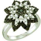 0.85 Carat (ctw) 10k White Gold Round Black & White Diamond Ladies Right Hand Flower Ring