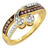 0.26 Carat(ctw) 10k Yellow Gold Round Brown & White Diamond Ladies Crossover Heart Bridal Promise Ring