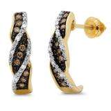 0.21 Carat (ctw) 10K Yellow Gold Round White And Champagne Diamond Ladies Hoop Earrings 1/4 CT