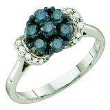 0.66 Carat (ctw) 10k White Gold Round Blue & White Diamond Ladies Cluster Flower Right Hand Ring