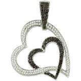 1.04 Carat (ctw) 10k White Gold Round Black & White Diamond Ladies Double Heart Pendant