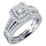 0.77 Carat (ctw) 14K White Gold Round White Diamond Ladies Bridal Engagement Ring Matching Band Set 3/4 CT