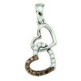 0.16 Carat (ctw) 10k White Gold Brown & White Diamond Ladies Double Heart Pendant