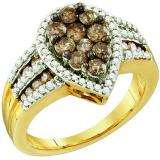 1.40 Carat (ctw) 10k Yellow Gold Round Brown & White Diamond Ladies Right Hand Fashion Ring