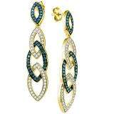 1.45 Carat (ctw) 10k Yellow Gold Round Blue & White Diamond Ladies Fashion Dangling Earrings