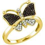 0.23 Carat (ctw) 10k Yellow Gold Round Black & White Diamond Cocktail Right Hand Butterfly Ring