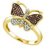 0.22 Carat (ctw) 10k Yellow Gold Round Champagne & White Diamond Cocktail Right Hand Butterfly Ring