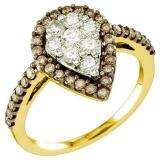 0.99 Carat (ctw) 10k Yellow Gold Round Brown & White Diamond Ladies Right Hand Fashion Ring