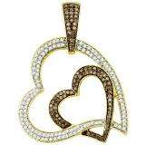 1.15 Carat (ctw) 10k Yellow Gold Round Champagne & White Diamond Ladies Double Heart Pendant
