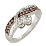 0.26 Carat (ctw) 10k White Gold Round Brown & White Diamond Ladies Crossover Heart Bridal Promise Ring