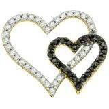 0.53 Carat (ctw) 10k Yellow Gold Round Black & White Diamond Ladies Double Heart Pendant