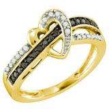 0.25 Carat (ctw) 10k Yellow Gold Round Black & White Diamond Ladies Crossover Heart Bridal Promise Ring