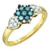 0.36 Carat (ctw) 10k Yellow Gold Blue & White Diamond Ladies Cluster Flower Right Hand Ring