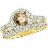 1.23 Carat (ctw) 14k Yellow Gold Round Champagne & White Diamond Ladies Halo Style Bridal Engagement Ring Set (Size-5)
