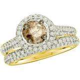 1.23 Carat (ctw) 14k Yellow Gold Round Champagne & White Diamond Ladies Halo Style Bridal Engagement Ring Set (Size-6)