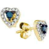 0.21 Carat (ctw) 10k Yellow Gold Blue & White Diamond Ladies Heart Shape Stud Earrings