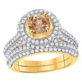 2.05 Carat (ctw) Round Champagne & White Diamond Halo Bridal Wedding Ring Set 2 CT 14K Yellow Gold