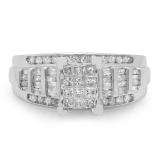 0.90 Carat (ctw) 10K White Gold Princess Round & Baguettes Cut Diamond Ladies Bridal Engagement Ring