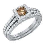 1.01 Carat (ctw) 14K White Gold Round Cognac & White Diamond Ladies Bridal Split Shank Halo Style Engagement Ring With Matching Band Set 1 CT