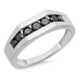 1.01 Carat (ctw) 10K White Gold Real Round Cut Black Diamond Men's Channel Set 7 Stone Anniversary Wedding Band 1 CT