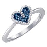 0.10 Carat (ctw) 10K White Gold Round Blue and White Diamond Ladies Promise Micropave Heart Love Engagement Ring 1/10 CT