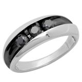1.00 Carat (ctw) Sterling Silver 3-Stone Black Round Diamonds Men's Anniversary Wedding Band 1 CT
