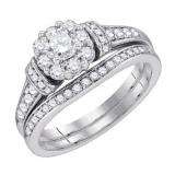 0.90 Carat (ctw) 14K White Gold Round Diamond Ladies Bridal Cluster Engagement Ring With Matching Band Set