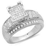 1.00 Carat (ctw) Sterling Silver Princess Round & Baguette Diamonds Ladies Engagement Ring 1 CT