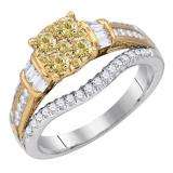 0.98 Carat (ctw) 14K White Gold Round & Baguette Cut White & Yellow Diamond Ladies Bridal Engagement Ring