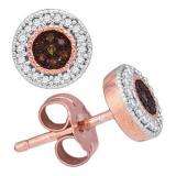 0.12 Carat (ctw) 10k Rose Gold Brilliant White & Cognac Diamond Ladies Micropave Stud Earrings