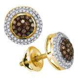 0.35 Carat (ctw) 10K Yellow Gold Round Cognac & White Diamond Ladies Micro Pave Cluster Stud Earrings 1/3 CT