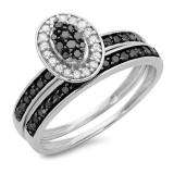 0.50 Carat (ctw) 10K White Gold Round Black & White Diamond Ladies Marquise Shape Bridal Promise Engagement Ring Set With Matching Band 1/2 CT