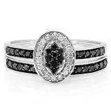 0.50 Carat (ctw) 10K White Gold Round Black & White Diamond Ladies Marquise Shape Bridal Promise Engagement Ring Set With Matching Band 1/2 CT