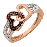 0.15 Carat (ctw) 10K Rose Gold Round Champagne & White Diamond Ladies Split Shank Double Heart Love Promise Ring