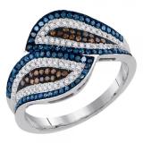 0.50 Carat (ctw) 10K White Gold Round Cognac Blue & White Diamond Ladies Micropave Bypass Cocktail Right Hand Ring 1/2 CT