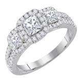 1.00 Carat (ctw) 14K White Gold Round & Princess Cut White Diamond Ladies Bridal 3 Stone Engagement Ring  With 0.33 Ct Princess Center 1 CT
