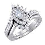 1.00 Carat (ctw) 14K White Gold Marquise & Round Cut Diamond Ladies Bridal Swirl Engagement Ring With Matching Band Set 1 CT