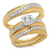 0.33 Carat (ctw) 10K Yellow Gold Round White Diamond Men & Women's Engagement Ring Trio Set 1/3 CT