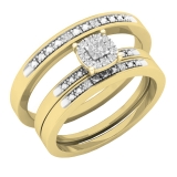 0.08 Carat (ctw) 10K Yellow Gold Round White Diamond Men & Women's Cluster Engagement Ring Trio Bridal Set