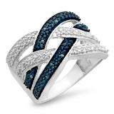 0.10 Carat (ctw) Sterling Silver Round Blue & White Diamond Ladies Swirl Split Shank Fashion Right Hand Ring
