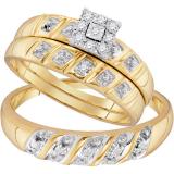 0.13 Carat (ctw) 10K Yellow Gold Round White Diamond Men & Women's Cluster Engagement Ring Trio Bridal Set