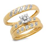 0.13 Carat (ctw) 10K Yellow Gold Round White Diamond Men's & Women's Engagement Ring Trio Bridal Set